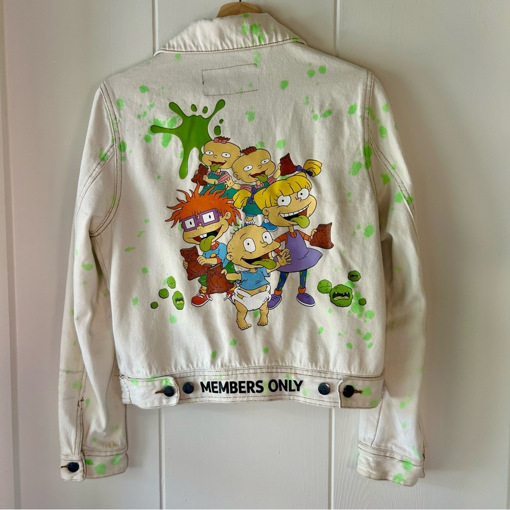 Members Only x Nickelodeon Rugrats Reptar Bar White and Green Jean Jacket